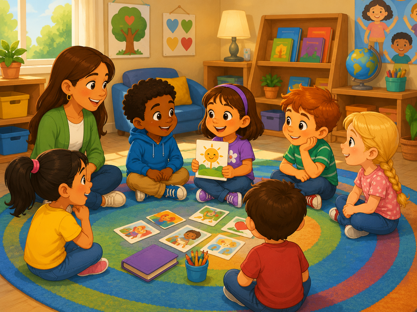 Illustrated teacher and six children sitting on a colorful rug sharing picture cards while one girl holds up a drawing of a sun